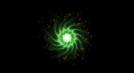 Dynamic green energy vortex with sparks swirling in the dark, perfect for visual effects