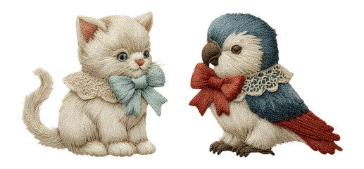 Fototapeta premium Adorable Cat and Colorful Bird with Ribbons in Vintage Style Clipart
