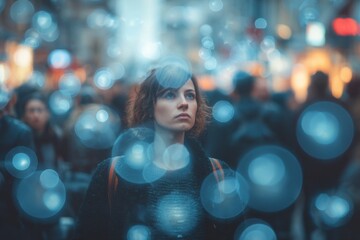 Person in crowded city street with glowing reputation score bubbles and digital surveillance overlay