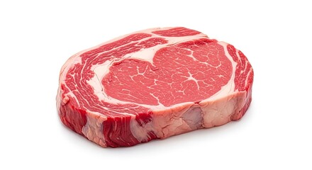 Obraz premium Exquisite ribeye steak cut with fat marbling on white background perfectly prepared for cooking