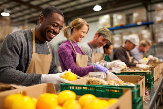 Volunteers packing food for food bank with fresh produce and grains helping local community
