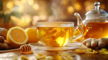 Hot ginger root tea with lemon, honey and mint garnish. A comforting glass cup of ginger tea with sliced lemon and fresh ginger roots, arranged on rustic wooden table. strengthening the immune system