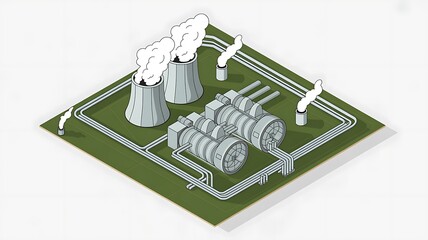 Isometric nuclear power plant illustration with steam and pipes graphic design
