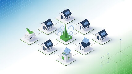 Connected sustainable community concept with houses and renewable energy sources