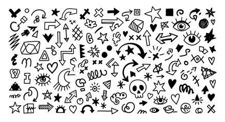 Hand-Drawn Doodles Arrows, Stars, Hearts, Eyes and Skulls