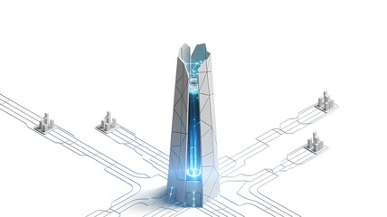 Futuristic energy tower concept with interconnected city grid system design