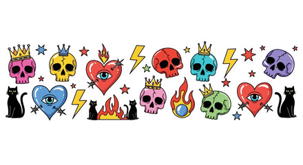 Whimsical Collection of Tattoo-Inspired Skull, Cat, and Heart Designs