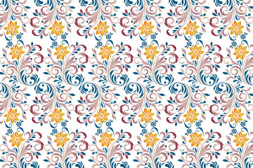 Vibrant Floral Pattern Design with Yellow, Green, and Purple Accents — Colorful Botanical Artwork for Wallpaper, Textile Fabric, Home Decor, and Seamless Background Use