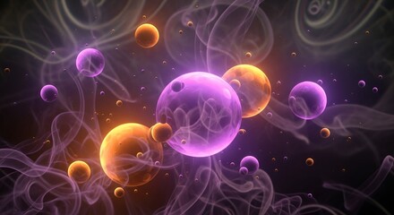 Abstract cosmic energy field with vibrant spheres and swirling ethereal atmosphere