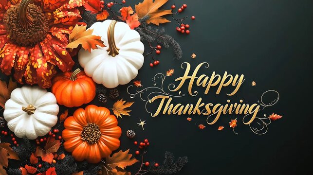 Happy Thanksgiving day social media post with Pumpkins, Autumn Leaves and Golden Typography for Festive marketing, greeting cards, and creative design projects