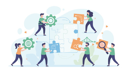 Diverse team of professionals collaborating to solve complex problems, assembling puzzle pieces representing ideas, strategy, and global connection, symbolizing teamwork, innovation, and business