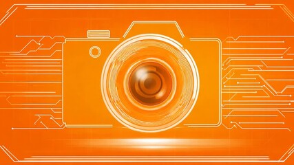 Abstract camera lens overlayed on orange circuit board design for digital concepts - Powered by Adobe