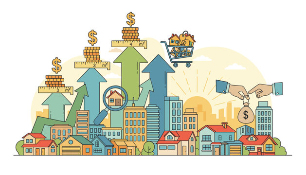 Conceptual illustration of real estate business growth, showing rising property values, investment, and the concept of buying and selling homes, with a cityscape and sunburst in the background. - Powered by Adobe