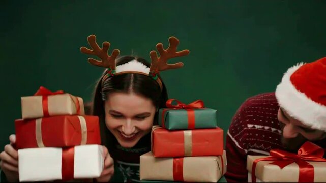 A happy couple, wearing festive Christmas sweaters and accessories, are gazing at a stack of beautifully wrapped presents with joy and excitement.  Excited Couple with Christmas Gifts