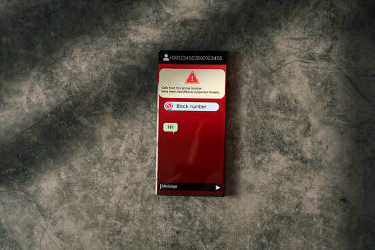 Smartphone receives phishing message form suspected number scam. Unwanted anonymous call and message. Fraud and scam phone concept. Message from stranger.