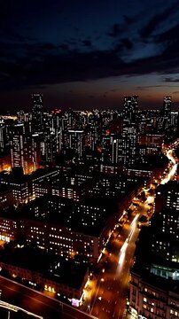 City Skyline with Highway Light Trails at Dusk. Vertical 4k Video