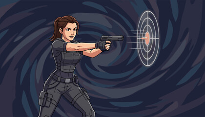 Dynamic cartoon illustration of a determined woman in tactical gear aiming a handgun with precision at a target, a bullet in mid-flight, set against a swirling dark background, symbolizing focus and