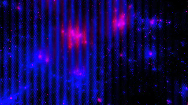 Dark cosmic abstract background with magenta and blue neon nebulae and a fine vertical scan line texture - Powered by Adobe