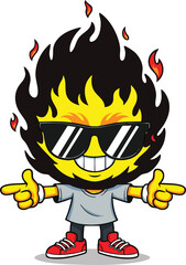 Cool fire character wearing sunglasses pointing fingers