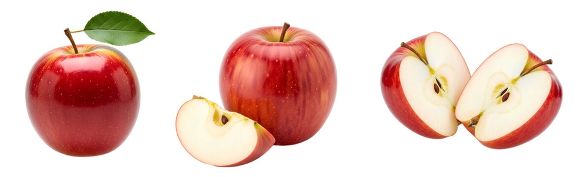 Fuji apple set PNG. Ripe and delicious Fuji apples different views isolated. Red apple top view flat lay isolated. Fuji apple cut in half PNG
