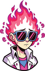 Sad boy with burning pink hair wearing sunglasses cartoon style