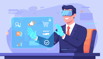 Businessman wearing VR headset and gloves interacts with a futuristic holographic interface displaying digital marketing icons like search, megaphone, shopping cart, credit card, and charts