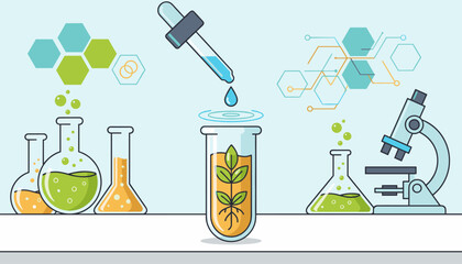 Vibrant illustration of a scientific experiment with a dropper adding a liquid sample to a test tube containing a plant, surrounded by beakers, a microscope, and abstract molecular structures