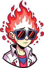 Sad boy with burning red hair wearing sunglasses cartoon style