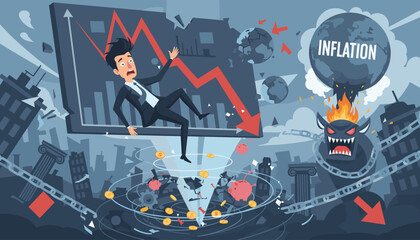 Dramatic illustration of economic collapse and financial crisis, with a businessman falling down a graph, coins swirling into a vortex, and a monstrous representation of inflation engulfing the world