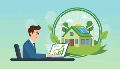Man in suit analyzing eco-friendly energy efficiency improvements on laptop, with a green house featuring solar panels and wind turbines, symbolizing sustainable development and renewable energy