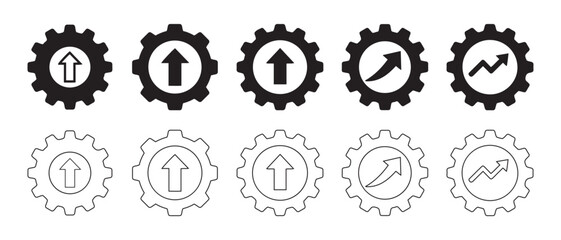Progress Gear Icons. Black and Outline Settings Symbols with Arrows and Growth Graphs for Business, Tech, and UI Design.