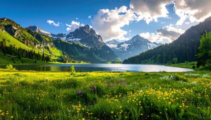 Serene mountain lake framed by green meadows and towering peaks, bathed in sunlight under a bright, cloudy sky