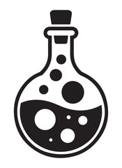 Black and white potion bottle illustration simple flat vector icon for science or fantasy themed designs isolated on white background