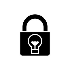 Innovation Locked: A graphic depiction of a padlock, inside of which there is lightbulb, representing the concepts of security, idea protection and innovative thought. The composition is minimalistic.