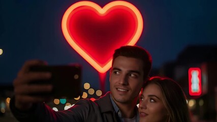 Romantic young couple capturing glowing heart memories with a selfie, celebrating love, dating in the city, and enjoying vibrant nightlife together - Powered by Adobe