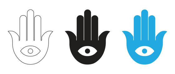 Hamsa Hand Icons. Black, White, and Blue Protective Symbols with Evil Eye for Spiritual, Cultural, and Design Use.