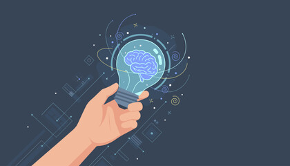 Conceptual illustration of a hand holding a lightbulb containing a stylized brain, symbolizing new ideas, innovation, and intelligence, set against a dark blue background with abstract geometric