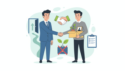 Businessmen shaking hands symbolizing successful offboarding process, one employee is leaving the company with a box of personal belongings and plants, representing new beginnings and growth, while