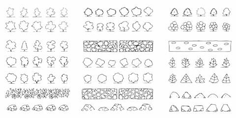 Collection of hand drawn black and white architectural elements including various trees plants and stone textures