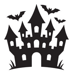Spooky Halloween castle silhouette with bats flying a vector illustration for holiday decorations and scary designs isolated on white background