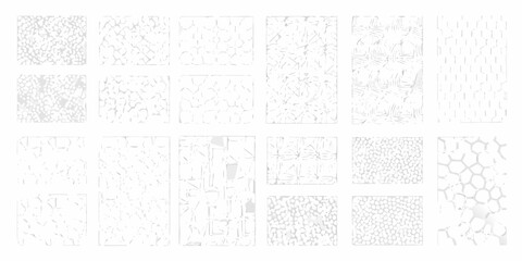 Collection of abstract geometric patterns and textures in grayscale white and light gray tones