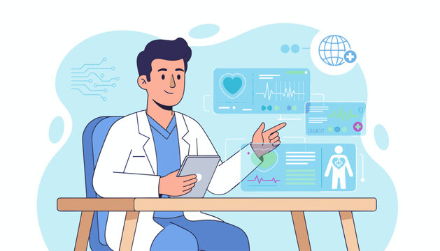 A smiling male doctor in a white lab coat sits at a desk, holding a tablet and pointing to a futuristic holographic display showing medical data, including heart rate, patient vitals, and a global - Powered by Adobe