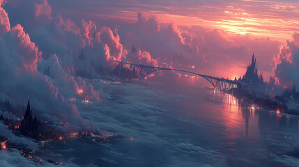 Futuristic Sky City Above the Clouds with Glowing Bridges and Cinematic Twilight Light