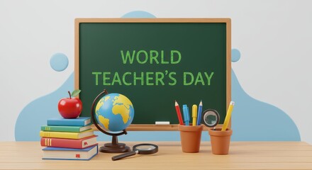 Commemorative scene displays essential classroom tools arranged before a green chalkboard announcing a celebration for educators