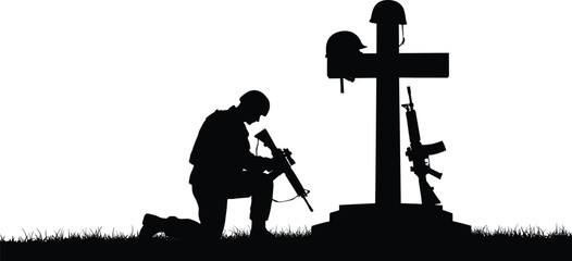 morial, fallen hero, rifle cross, helmet grave, military respect, mscnor, sacrid forces, tribute art, silhouette illustration, graaryt