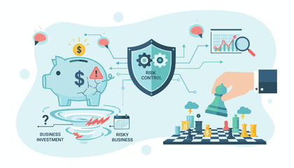 Conceptual illustration of business risk management and assessment, featuring a cracked piggy bank symbolizing financial vulnerability, a tornado representing business turmoil, a shield with gears