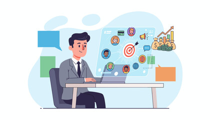 Business professional working on a laptop, visualizing customer outreach and audience targeting with a digital interface showing profiles, a bullseye target, financial growth, and communication