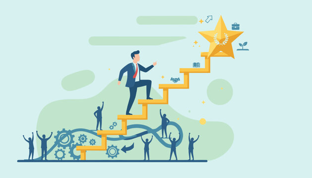 Vibrant illustration depicting a businessman climbing a golden ladder of success, symbolizing career growth, achievement, and reaching goals, with supportive silhouettes and gears representing - Powered by Adobe