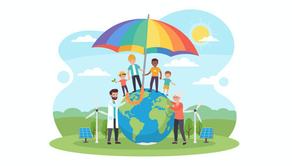 Obraz premium Vibrant vector illustration depicting diverse people of all ages working together under a colorful rainbow umbrella to protect the Earth, symbolizing global unity and environmental stewardship with