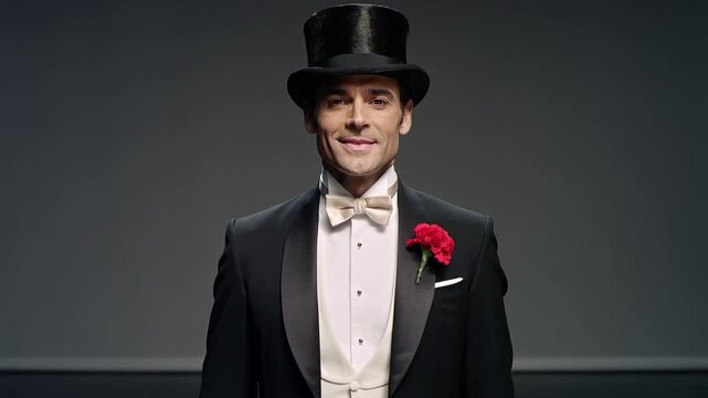 Hombre elegante con esmoquin negro sombrero de copa, pajarita blanca y clavel en la solapa de pie en un escenario